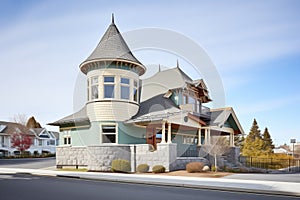 shingle style home with stone facade and turret feature