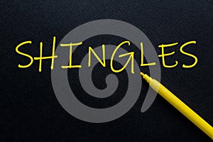 Shingles Yellow Pen with yellow text own rent at the black background