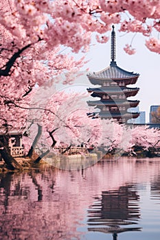 Shingon Buddhist temple and cherry blossom trees in a Japan-like landscape - AI Generated