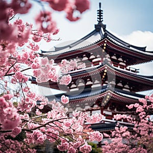 Shingon Buddhist temple and cherry blossom trees in a Japan-like landscape - AI Generated