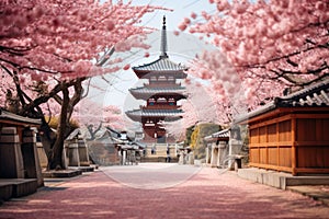 Shingon Buddhist temple and cherry blossom trees in a Japan-like landscape - AI Generated