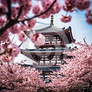 Shingon Buddhist temple and cherry blossom trees in a Japan-like landscape - AI Generated