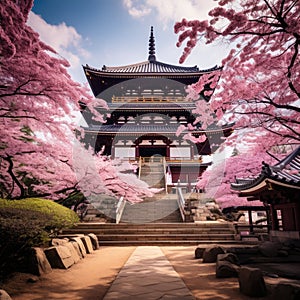 Shingon Buddhist temple and cherry blossom trees in a Japan-like landscape - AI Generated