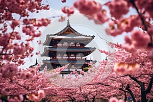 Shingon Buddhist temple and cherry blossom trees in a Japan-like landscape - AI Generated