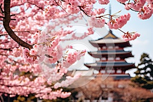 Shingon Buddhist temple and cherry blossom trees in a Japan-like landscape - AI Generated