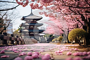 Shingon Buddhist temple and cherry blossom trees in a Japan-like landscape - AI Generated