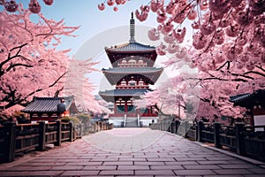 Shingon Buddhist temple and cherry blossom trees in a Japan-like landscape - AI Generated