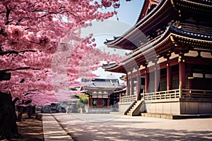 Shingon Buddhist temple and cherry blossom trees in a Japan-like landscape - AI Generated