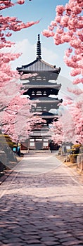 Shingon Buddhist temple and cherry blossom trees in a Japan-like landscape - AI Generated