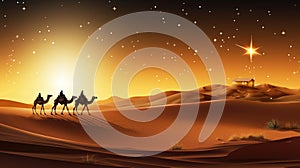 Shining Bethlehem star and silhouette of three wise men on camels in desert. Bright bethlehem star. Christmas religious nativity