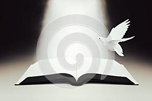 A shining bible, a bright beam of light and a white dove of the Holy Spirit
