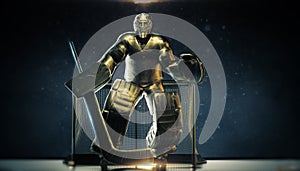 Shining bronze metal statue of ice hockey goalie in front gates with dramatic light and dust particles in the air