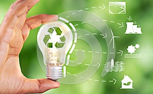 Shining bulb with recycle icon and energy resource icons as a symbol of renewable, alternative or sustainable energy source.
