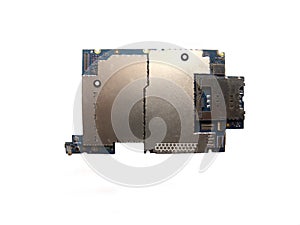 Cell phone circuit board on white background