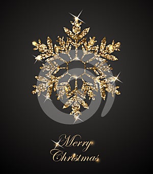 Shining Christmas Background with Shining Gold Snowflake. Merry Christmas card. Vector.