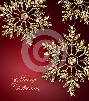 Shining Christmas Background with Shining Gold Snowflakes.Merry Christmas card. Vector.
