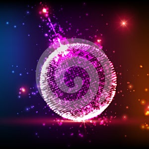 Shining Christmas ball on the colorful background with glowing particles flying around. Ab