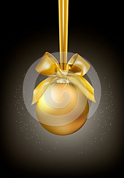 Shining Christmas golden ball hanging on satin ribbon with bow on dark backgroung with light and star dust. Editable