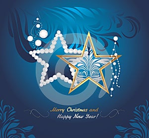 Shining Christmas toys on dark blue background. Greeting card