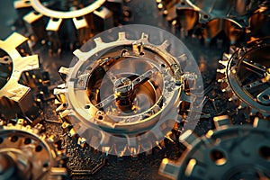 A shining cogwheel amidst metallic gears, symbolizing pivotal significance