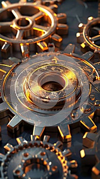 A shining cogwheel amidst metallic gears, symbolizing pivotal significance