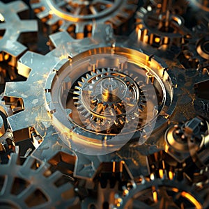 A shining cogwheel amidst metallic gears, symbolizing pivotal significance