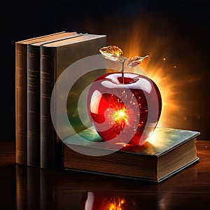 Shining cosmic glass apple with books