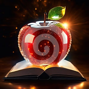 Shining cosmic glass apple with books