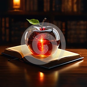 Shining cosmic glass apple with books