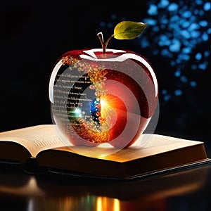 Shining cosmic glass apple with books