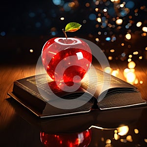 Shining cosmic glass apple with books