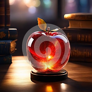 Shining cosmic glass apple with books