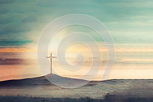 Shining cross on Calvary hill, sunrise, sunset sky background. Copy space. Ascension day concept. Christian Easter