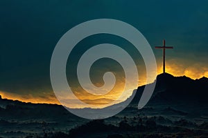 Shining cross on Calvary hill, sunrise, sunset sky background. Copy space. Ascension day concept. Christian Easter