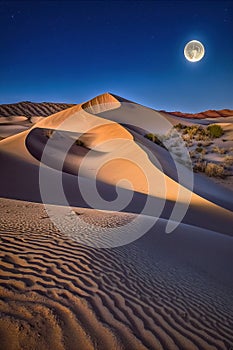 Shining full moon and stars in the night sky. moon and moonlight view over sand dune.