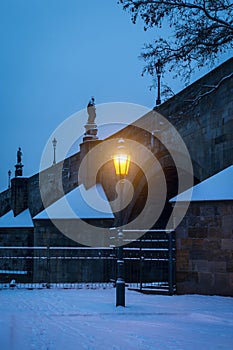 Shining gas lamp in the Prague city centre