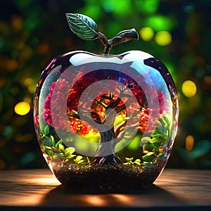 Shining glass apple with a tree inside