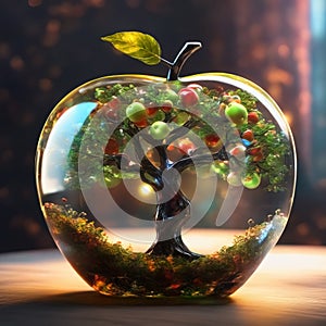 Shining glass apple with a tree inside