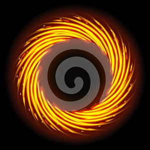 Shining glittering spinning golden circle with orange sparkles and glowing lights on black background, portal or round