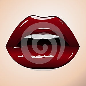 shining gloss lipstick, erotic open mouth, sexual wet red lip, white teeth. Vector illustration