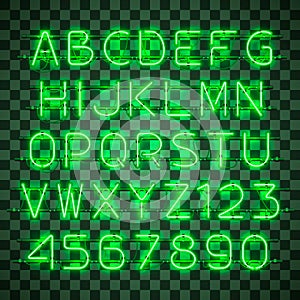 Shining and glowing green neon alphabet and digits.