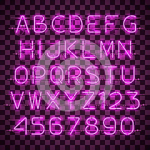 Shining and glowing purple neon alphabet and digits.