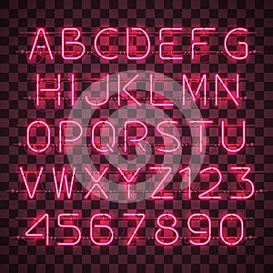 Shining and glowing red neon alphabet and digits.