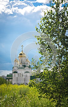 Shining golden domes of a Russian Orthodox Church in Barnaul