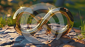 Shining golden infinity symbol on a stone outdoors. AI Generated