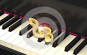 Shining golden treble clef on the piano keyboard 3d illustratio