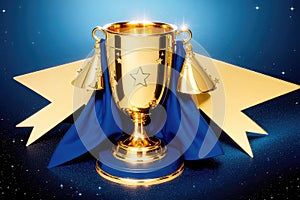 Shining Golden Trophy with Stars on Dark Blue Background