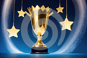 Shining Golden Trophy with Stars on Dark Blue Background