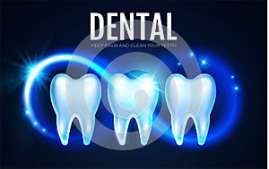 Shining Helthy Tooth with Motion Lights. Cleaining Teeth. Frech Stomatology Design Template. Dental Enamel Health