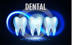 Shining Helthy Tooth with Motion Lights. Cleaining Teeth. Frech Stomatology Design Template. Dental Enamel Health